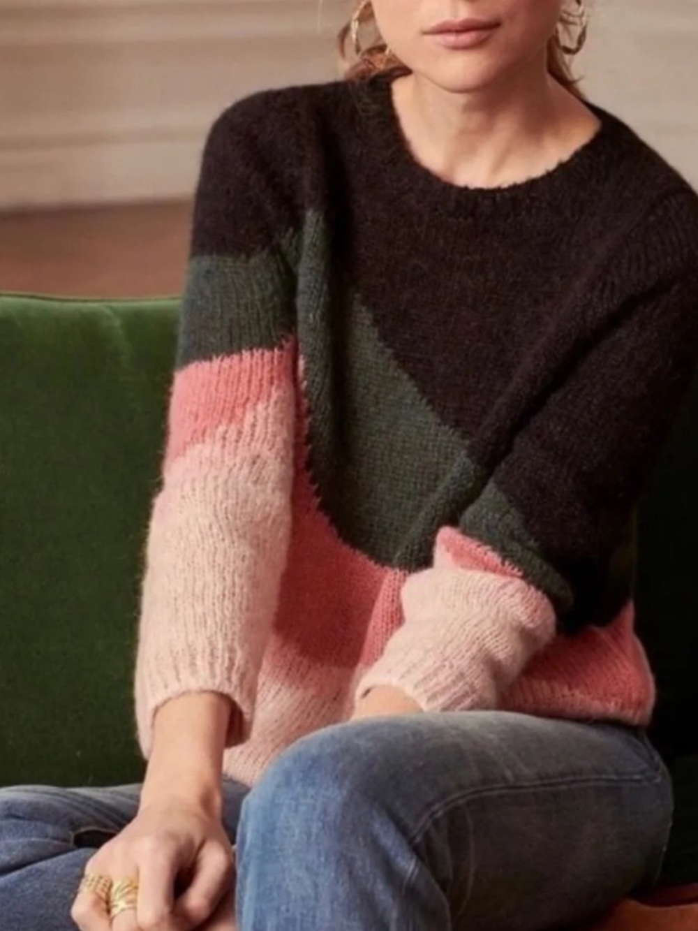 Sezane Colorblock Crewneck Sweater in Black, Green & Pink